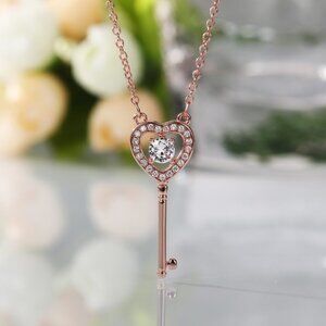 ✨ Key Hollow Heart Zircon Micro Pave Rose Gold Plated Necklace, EVGG1101